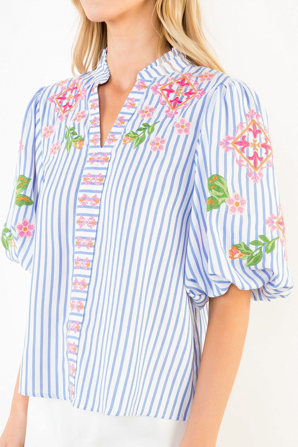 Puff Sleeve Embroidered Stripe Top, Blue