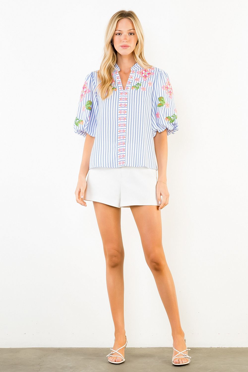 Puff Sleeve Embroidered Stripe Top, Blue