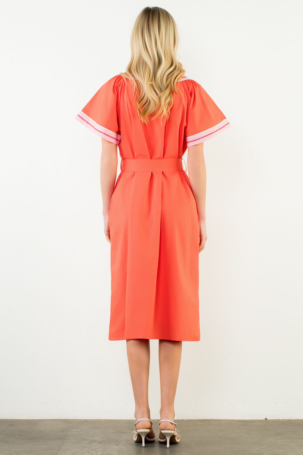 Short Sleeve V-Neck Belted Dress, Red