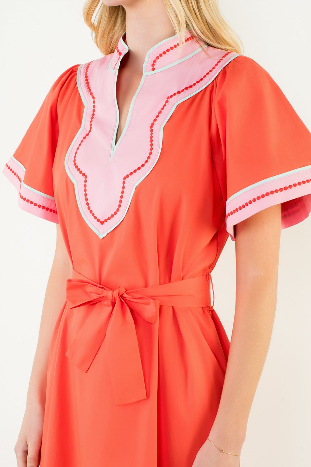 Short Sleeve V-Neck Belted Dress, Red