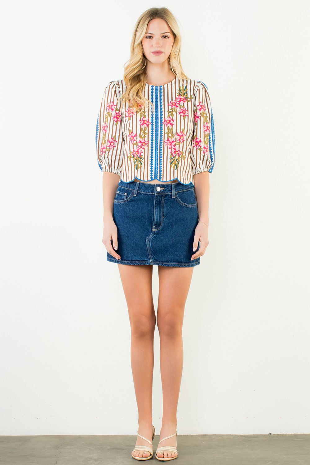 Puff Sleeve Striped & Embroidered Top, Cream