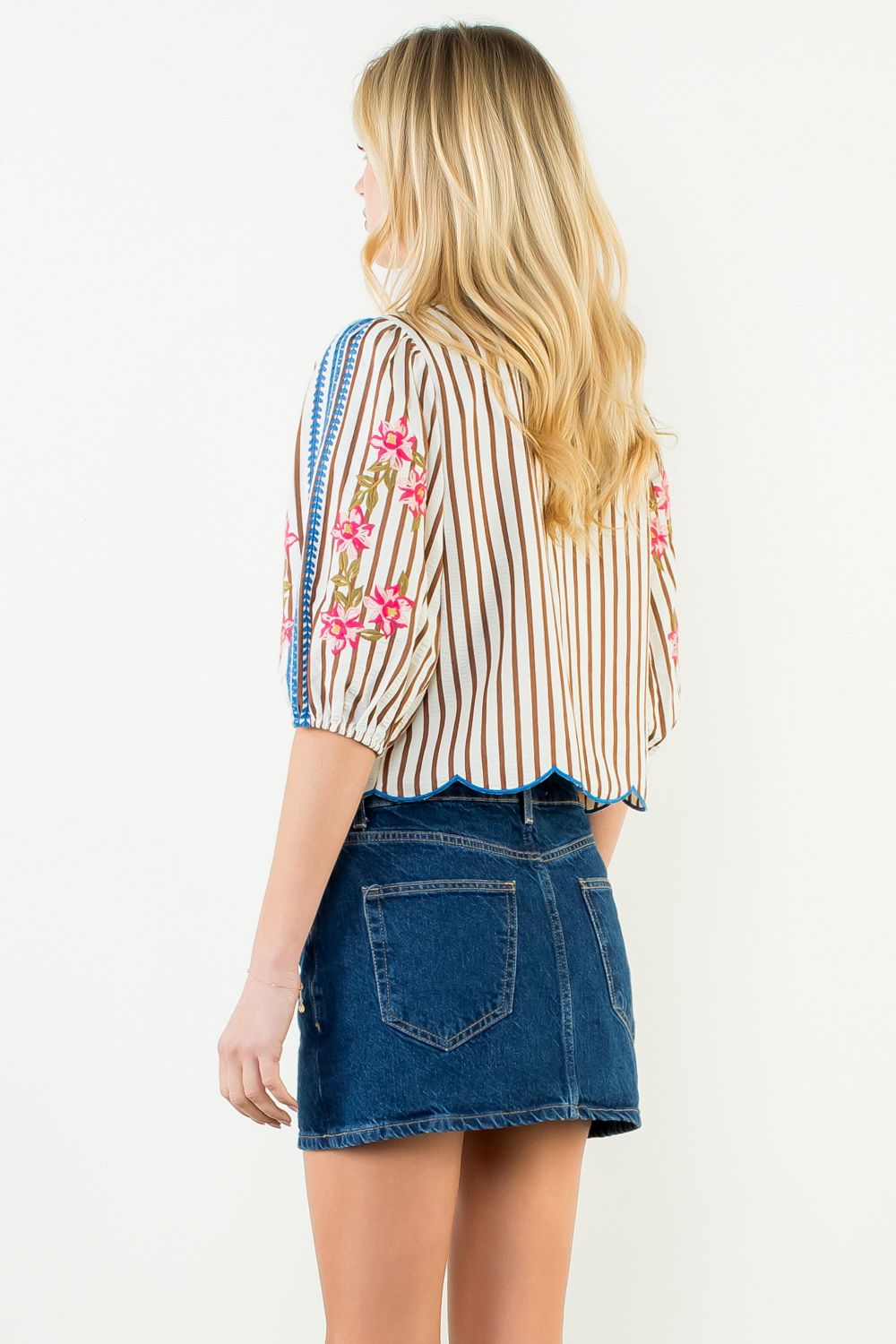 Puff Sleeve Striped & Embroidered Top, Cream