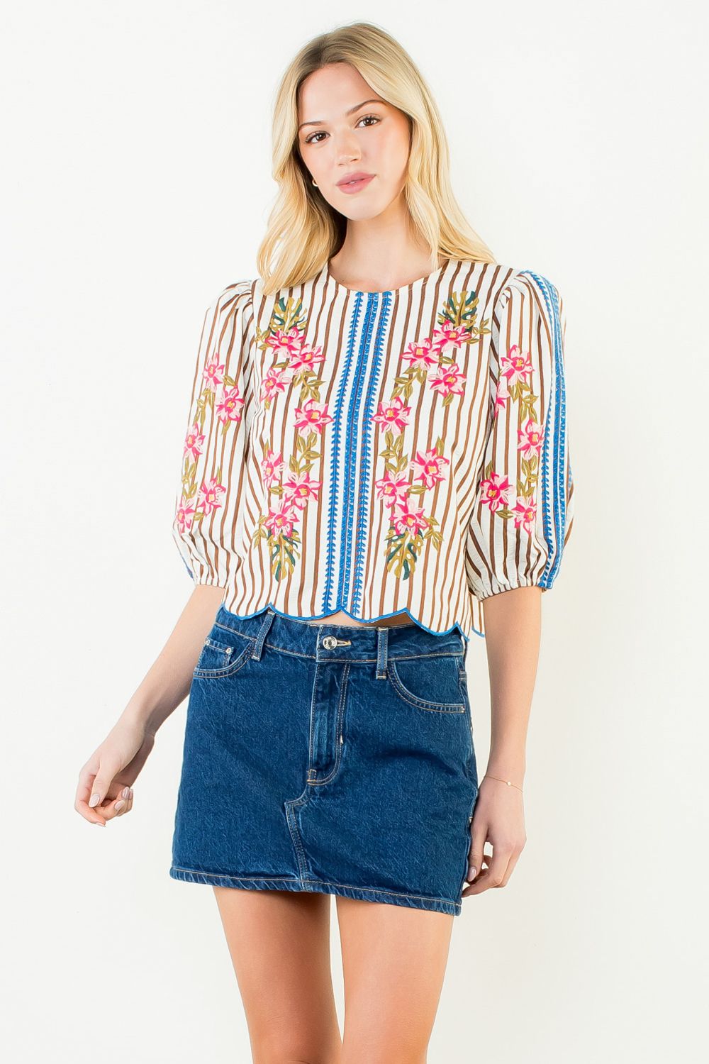 Puff Sleeve Striped & Embroidered Top, Cream