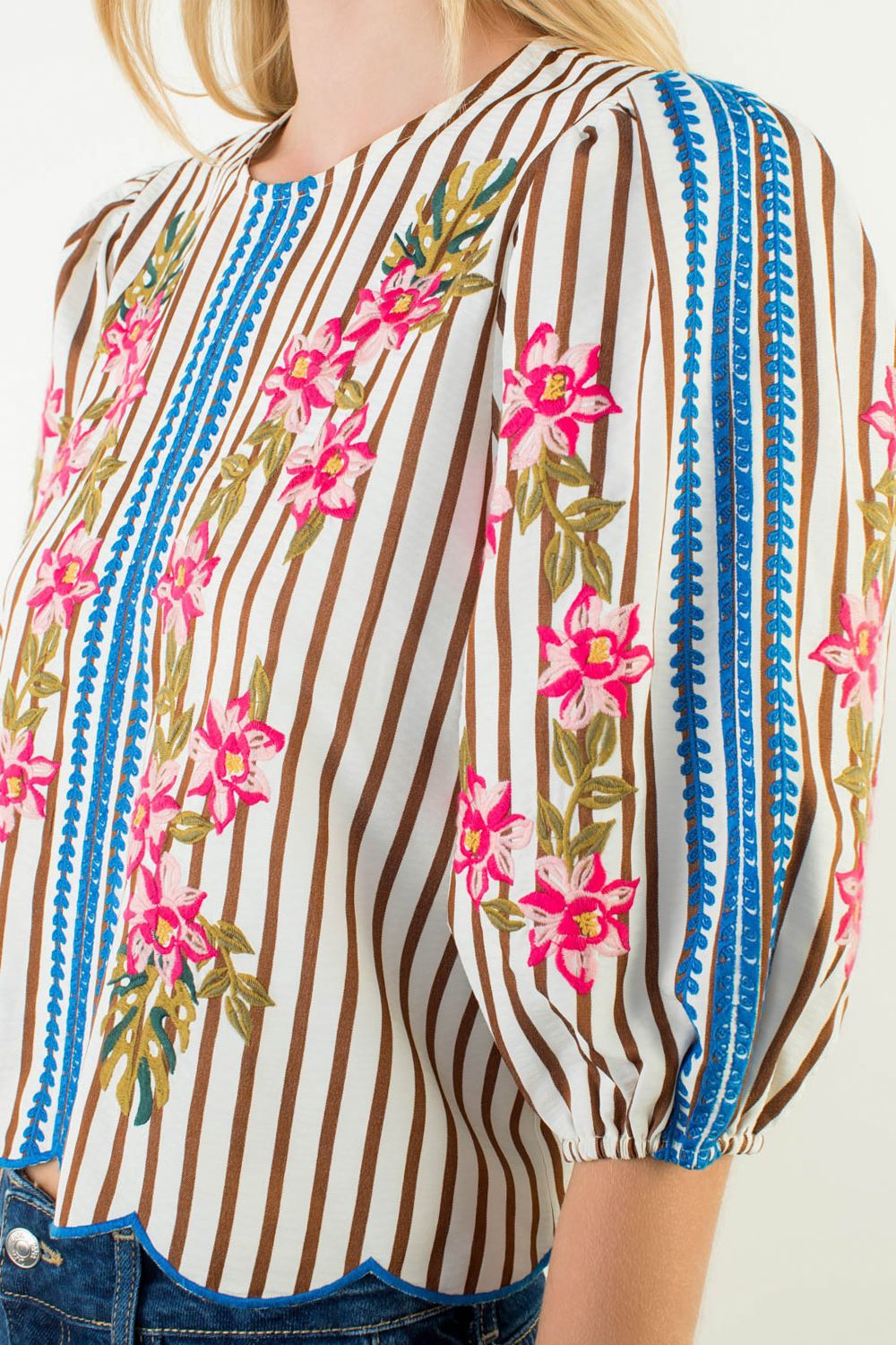 Puff Sleeve Striped & Embroidered Top, Cream