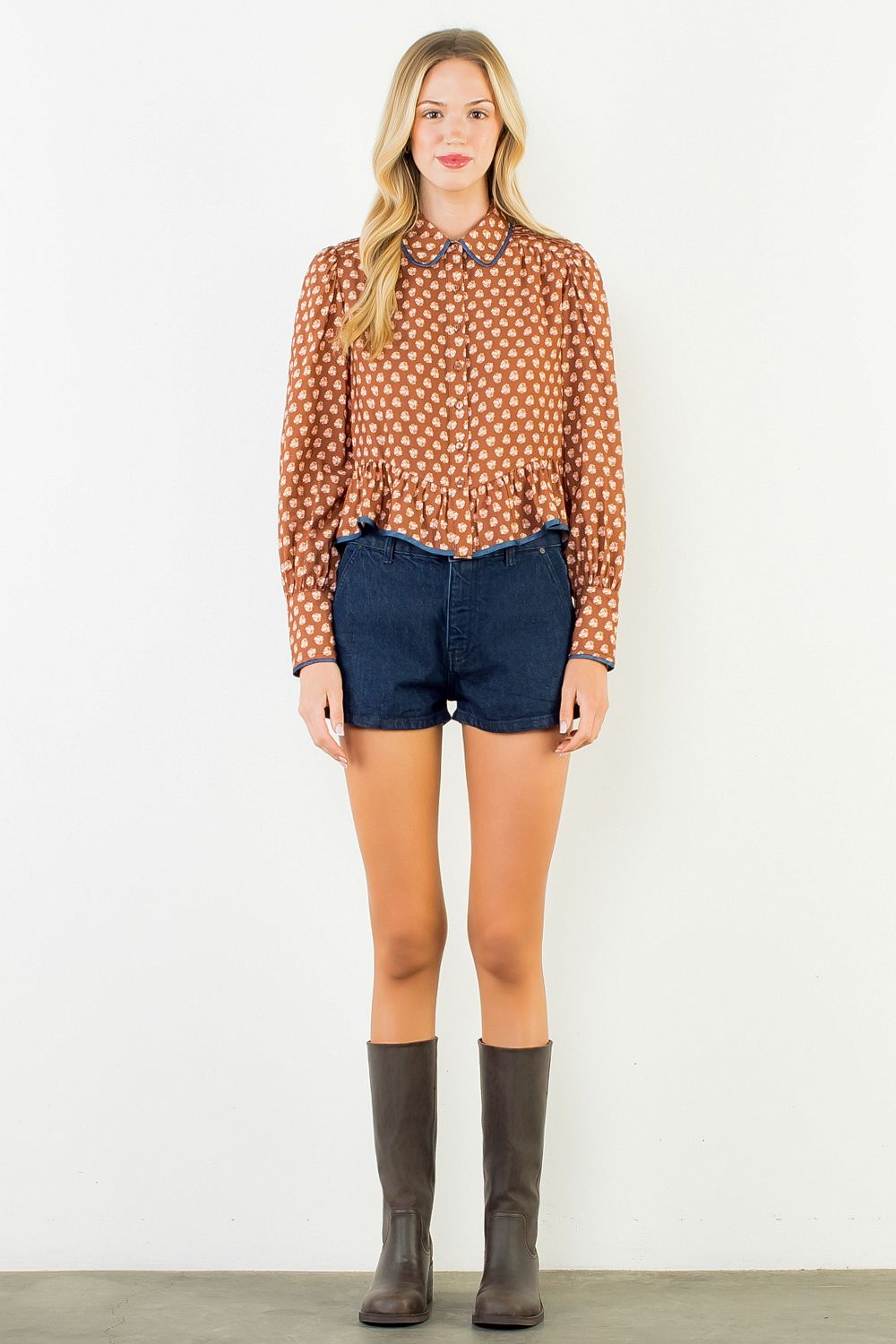 Long Sleeve Floral Pattern Button Down Top, Brown