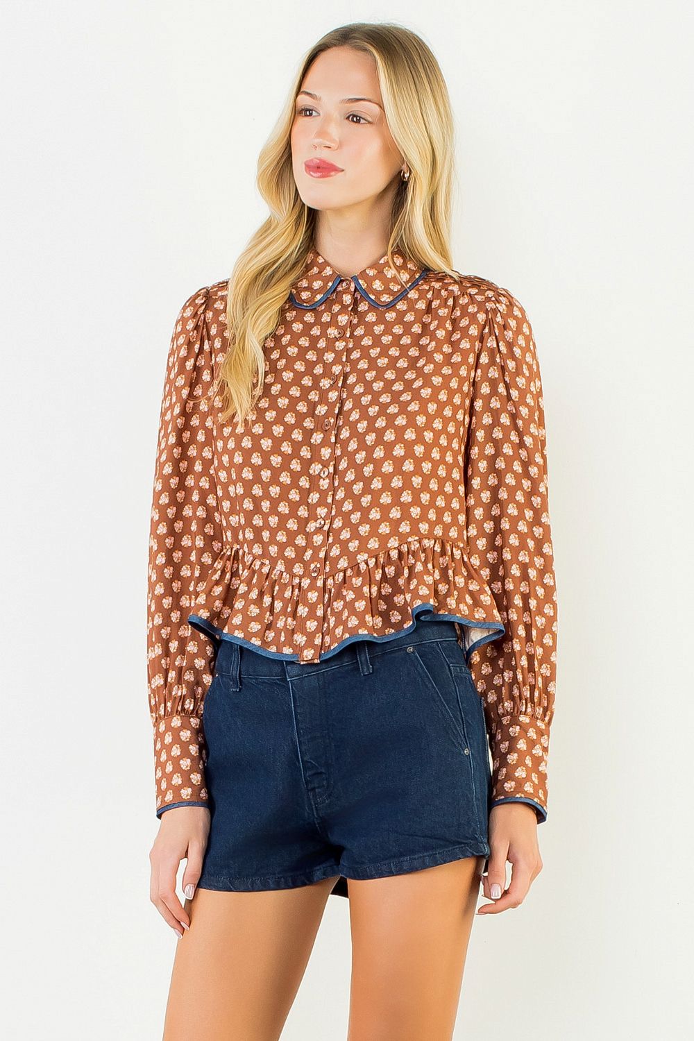 Long Sleeve Floral Pattern Button Down Top, Brown
