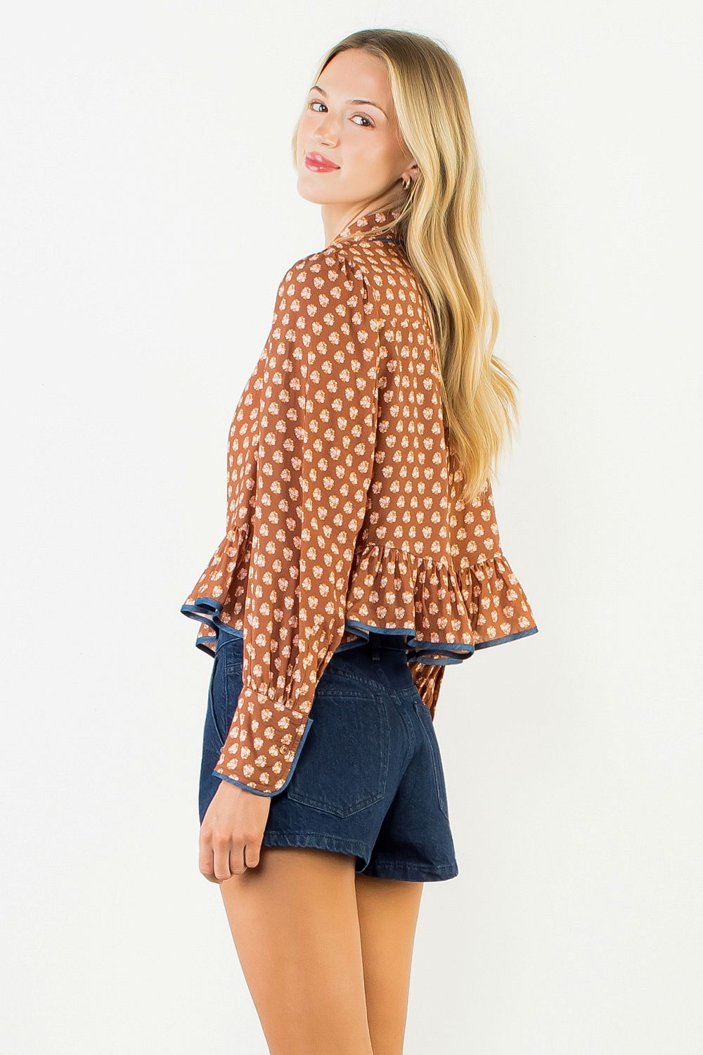 Long Sleeve Floral Pattern Button Down Top, Brown