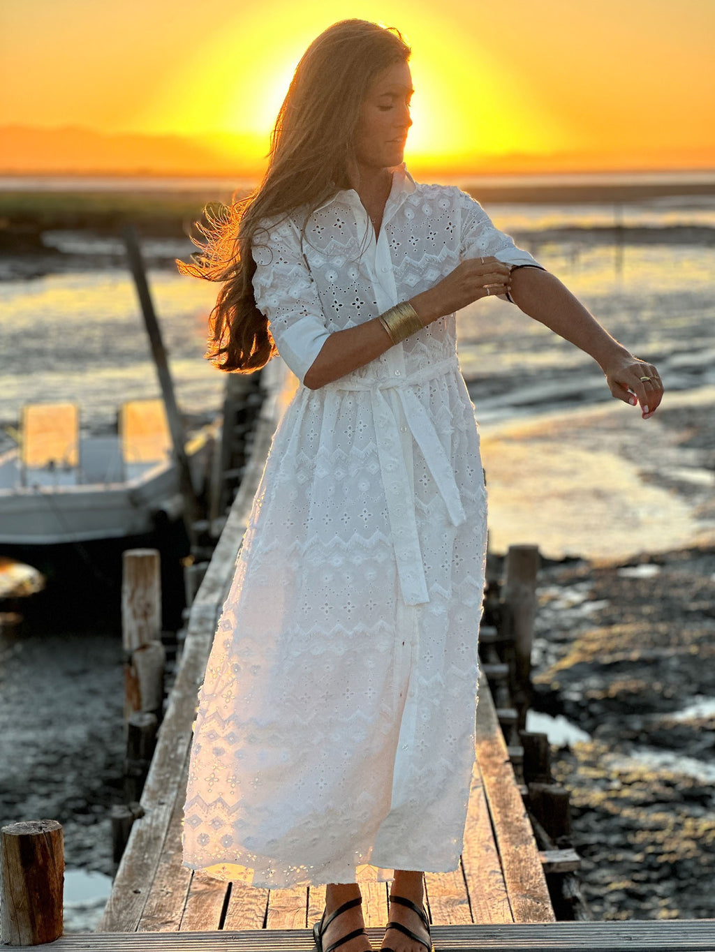 White Embroidered Dress with Belt