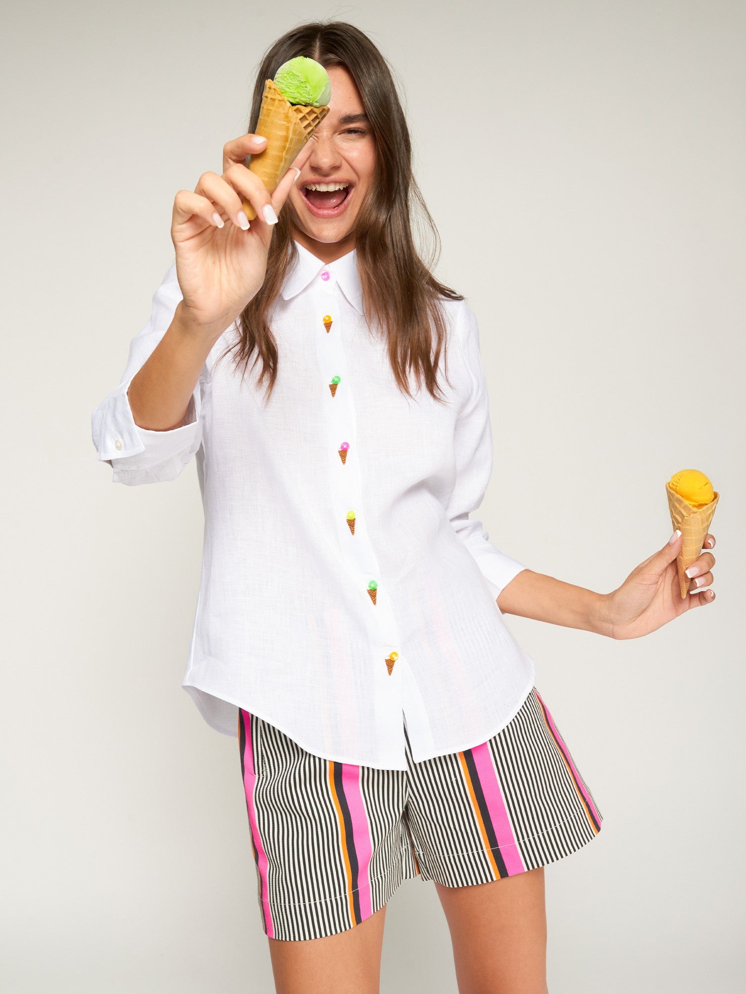 White Shirt with Embroidered Ice Cream Cones