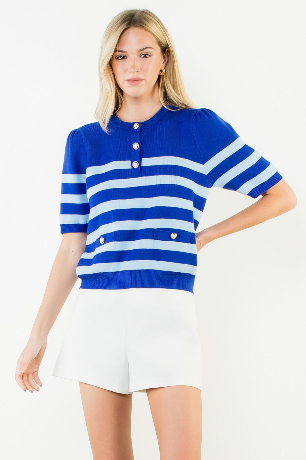 Short Sleeve Striped Knit Top, Blue