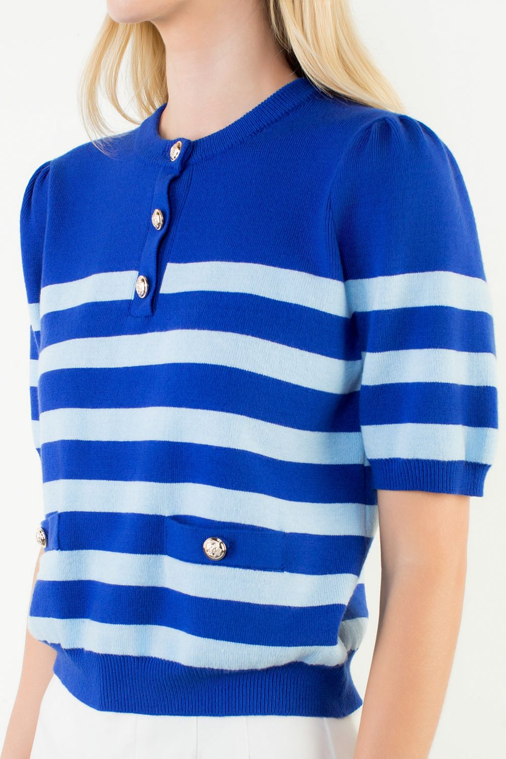 Short Sleeve Striped Knit Top, Blue