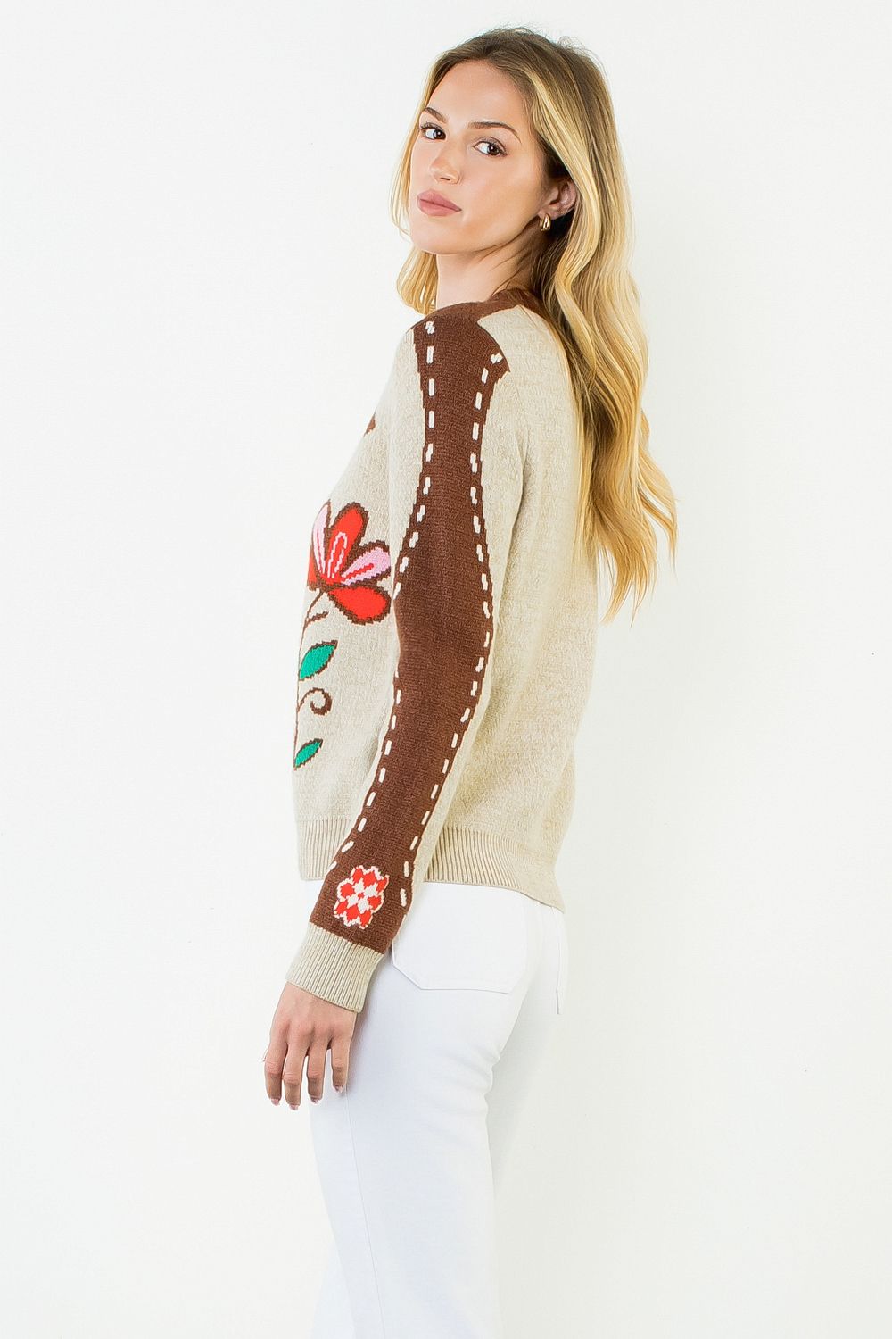 Flower Print Sweater, Beige