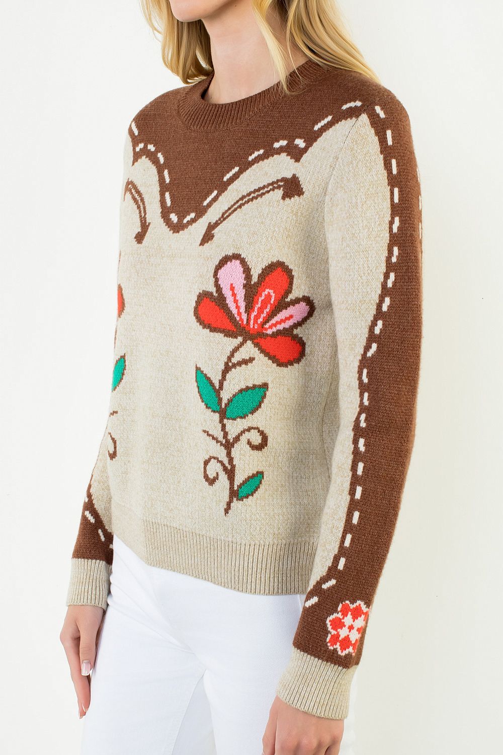 Flower Print Sweater, Beige